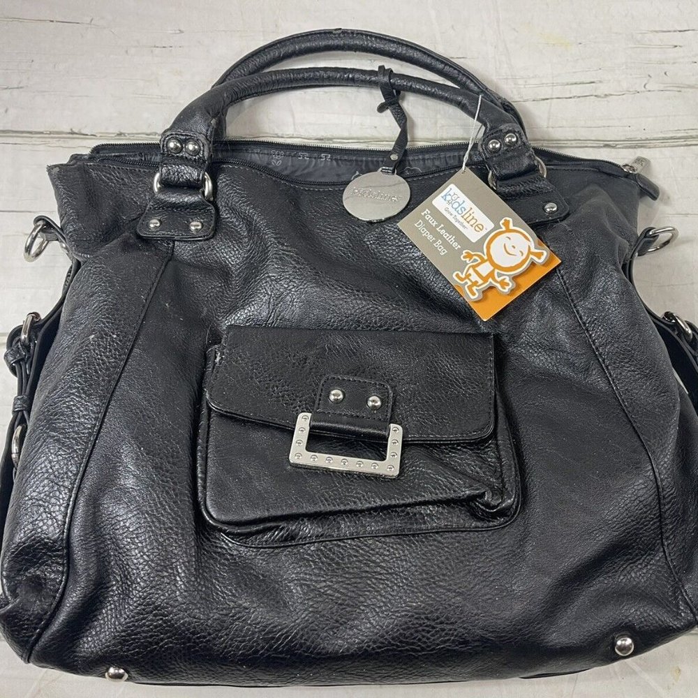 KIDSLINE Large Black Faux Leather w Shoulder Strap | Baby Bag | Diaper Bag NWT